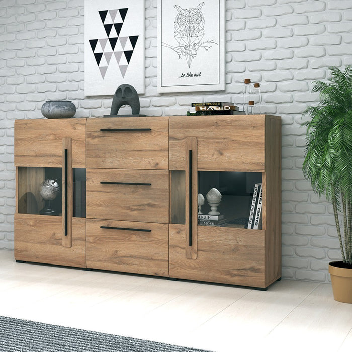 Buffet 180cm collezione BREDA con due porte parzialmente vetrate e tre cassetti. Colore Rovere.