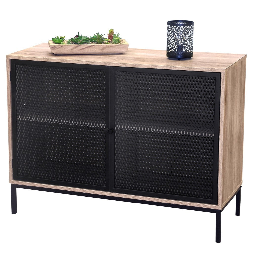 Buffet a 2 porte con griglia in metallo nero - Colore rovere chiaro, dimensioni 100x40xH75 cm - Collezione METALIX