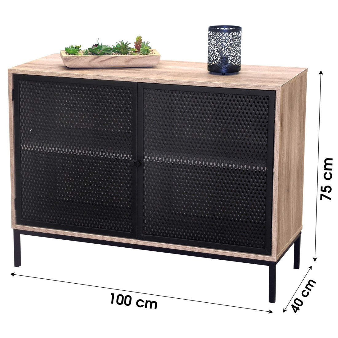Buffet a 2 porte con griglia in metallo nero - Colore rovere chiaro, dimensioni 100x40xH75 cm - Collezione METALIX