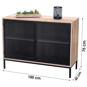Buffet a 2 porte con griglia in metallo nero - Colore rovere chiaro, dimensioni 100x40xH75 cm - Collezione METALIX