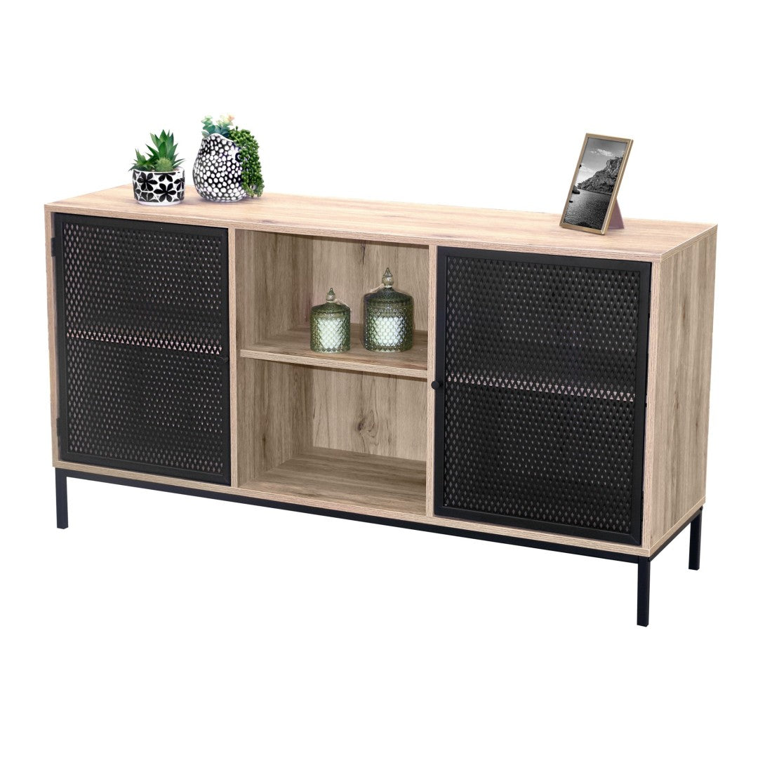 Buffet a 2 ante con griglia in metallo nero - Colore rovere chiaro, dimensioni 100x40xH75 cm - Collezione METALIX