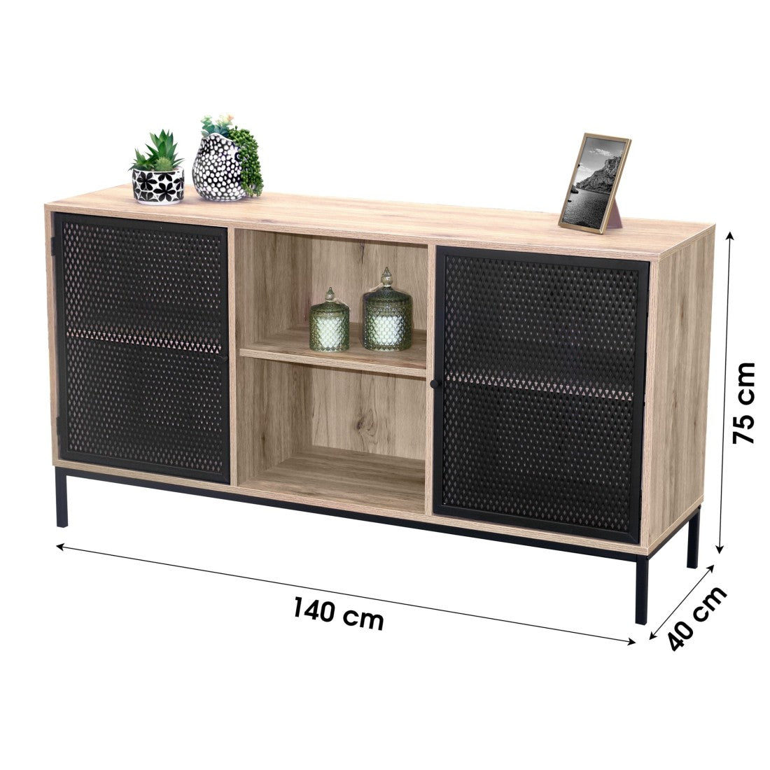 Buffet a 2 ante con griglia in metallo nero - Colore rovere chiaro, dimensioni 100x40xH75 cm - Collezione METALIX