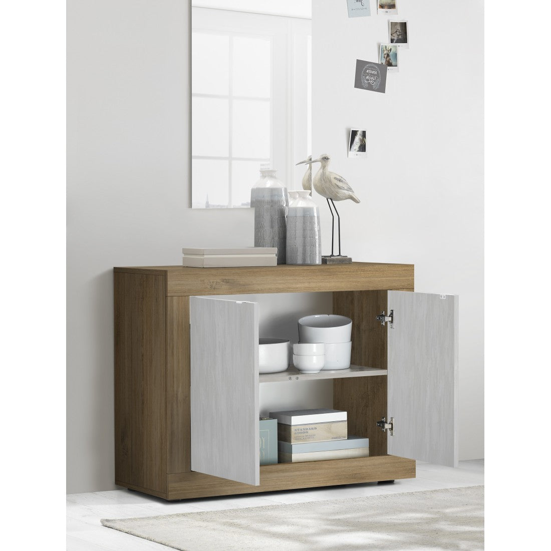 Credenza a 2 porte collezione ACCESS. Colori bianco e rovere scuro.