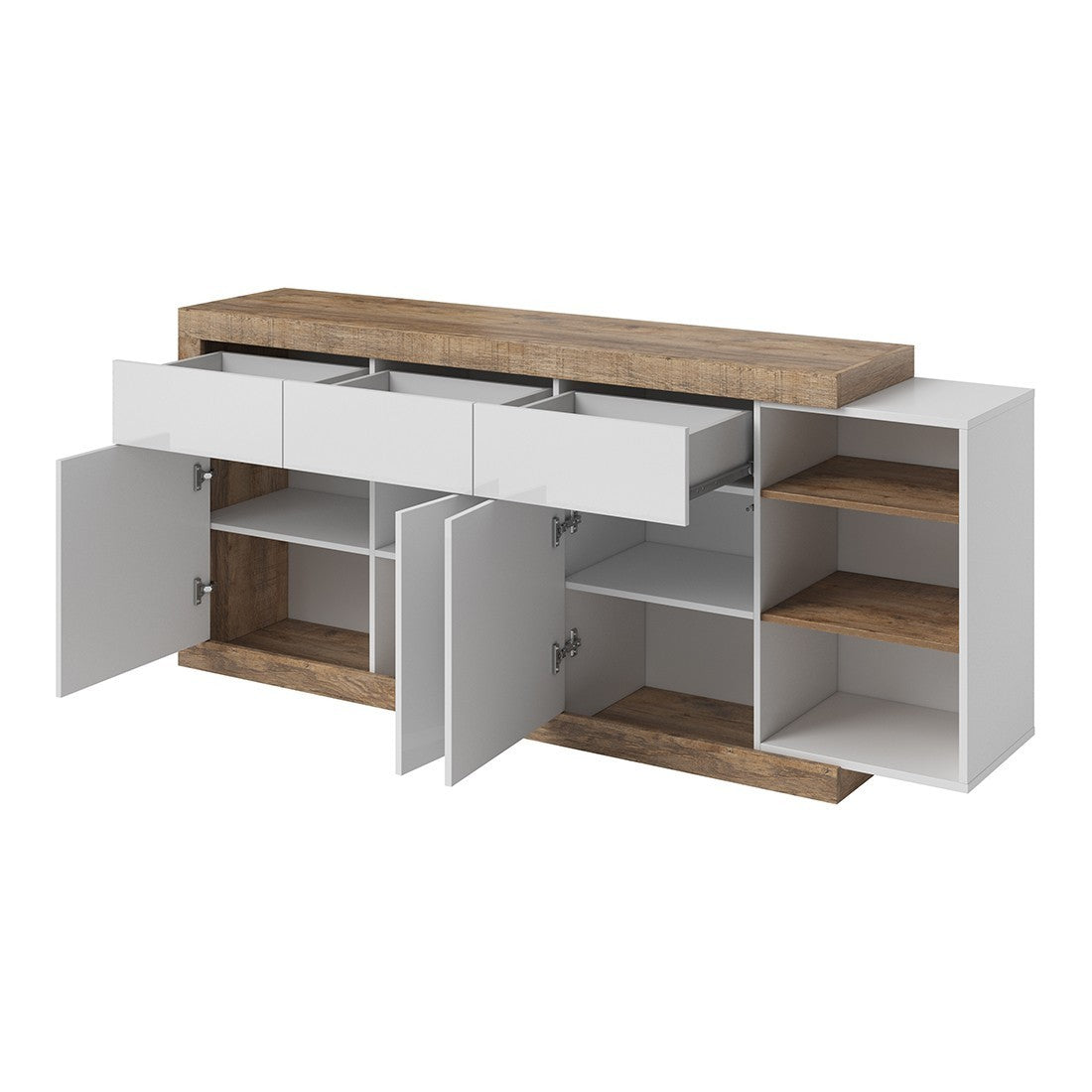 Buffet 200cm color quercia e bianco lucido con numerosi vani di stoccaggio collezione SINATRA.