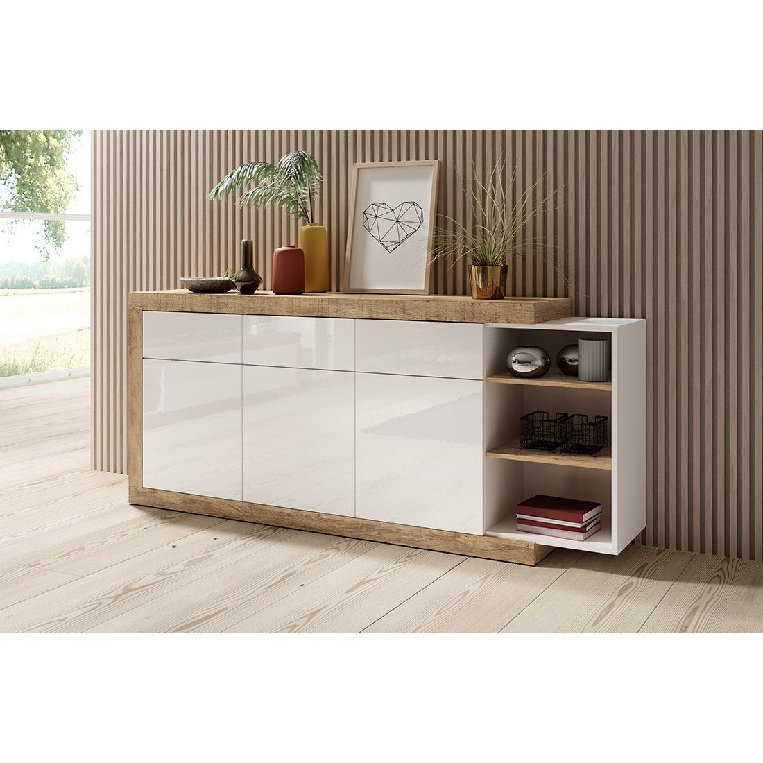 Buffet 200cm color quercia e bianco lucido con numerosi vani di stoccaggio collezione SINATRA.