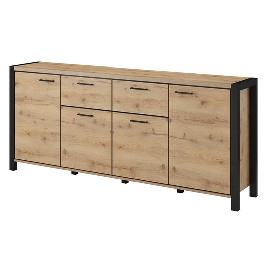 Credenza 210cm collezione TIVORA con 4 porte, 2 cassetti. Colore quercia e nero.