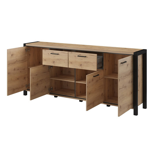 Credenza 210cm collezione TIVORA con 4 porte, 2 cassetti. Colore quercia e nero.