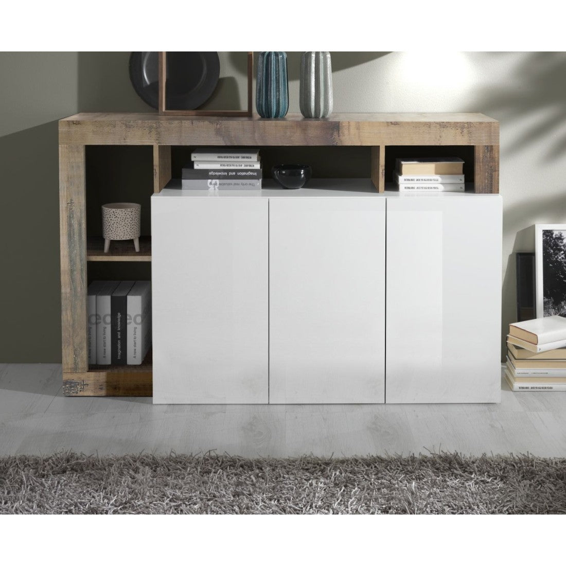 Credenza a 3 porte collezione BURA, colore bianco lucido laccato e rovere chiaro