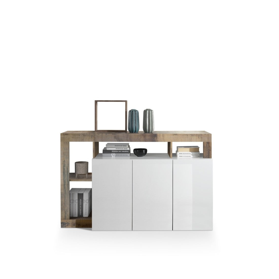 Credenza a 3 porte collezione BURA, colore bianco lucido laccato e rovere chiaro