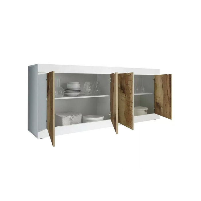 Credenza a 4 porte, collezione CISA, colori bianco e rovere chiaro, ideale per un soggiorno o una sala da pranzo moderna.