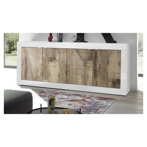 Credenza a 4 porte, collezione CISA, colori bianco e rovere chiaro, ideale per un soggiorno o una sala da pranzo moderna.