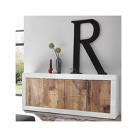 Credenza a 4 porte, collezione CISA, colori bianco e rovere chiaro, ideale per un soggiorno o una sala da pranzo moderna.