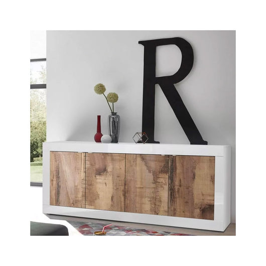 Credenza a 4 porte, collezione CISA, colori bianco e rovere chiaro, ideale per un soggiorno o una sala da pranzo moderna.