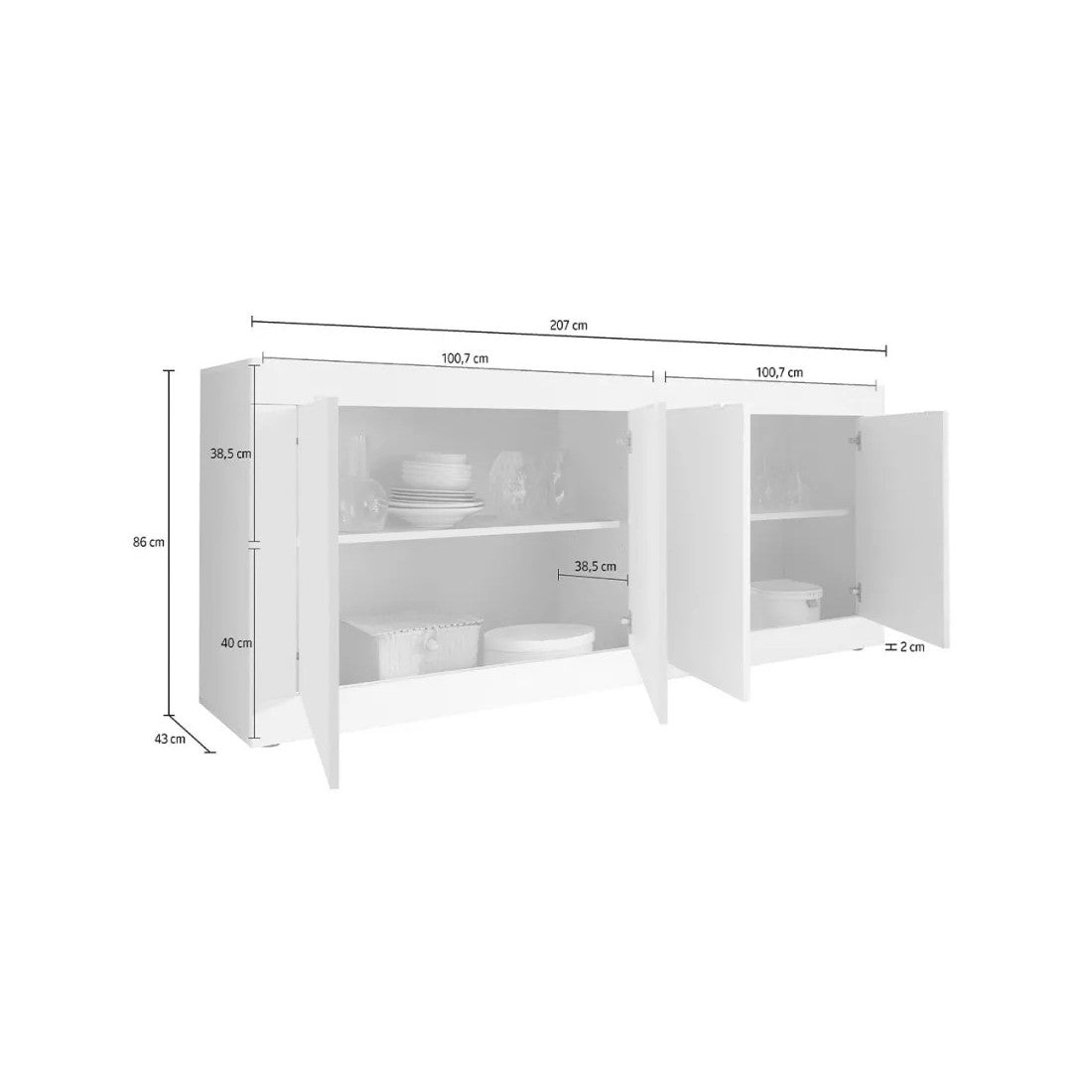 Credenza a 4 porte, collezione CISA, colori bianco e rovere chiaro, ideale per un soggiorno o una sala da pranzo moderna.