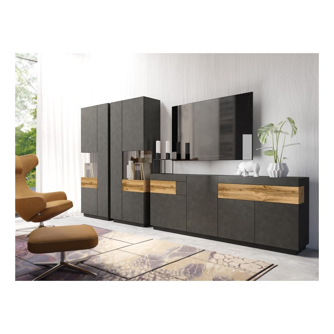 Buffet, credenza, enfilade KILES a quattro porte, due cassetti. Colori grigio antracite e rovere. Stile design.