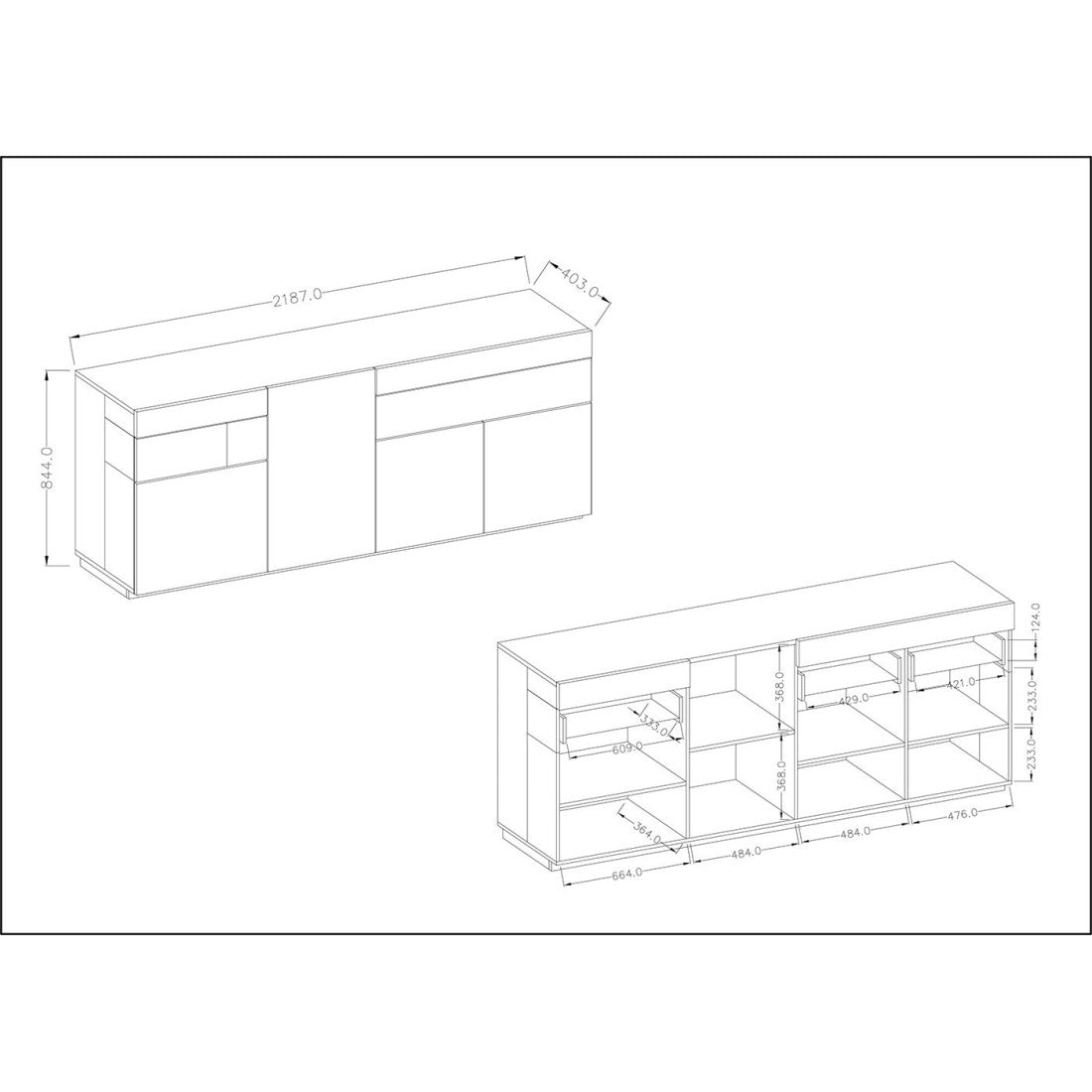 Credenza, buffet, sideboard KILES a tre ante, due cassetti. Colori bianco e rovere. Stile design.