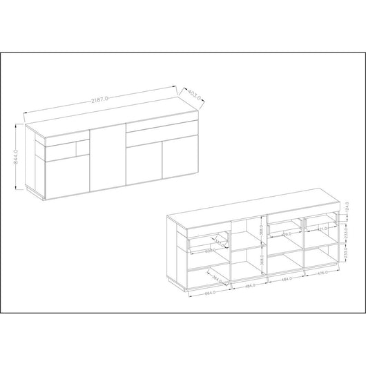 Credenza, buffet, sideboard KILES a tre ante, due cassetti. Colori bianco e rovere. Stile design.