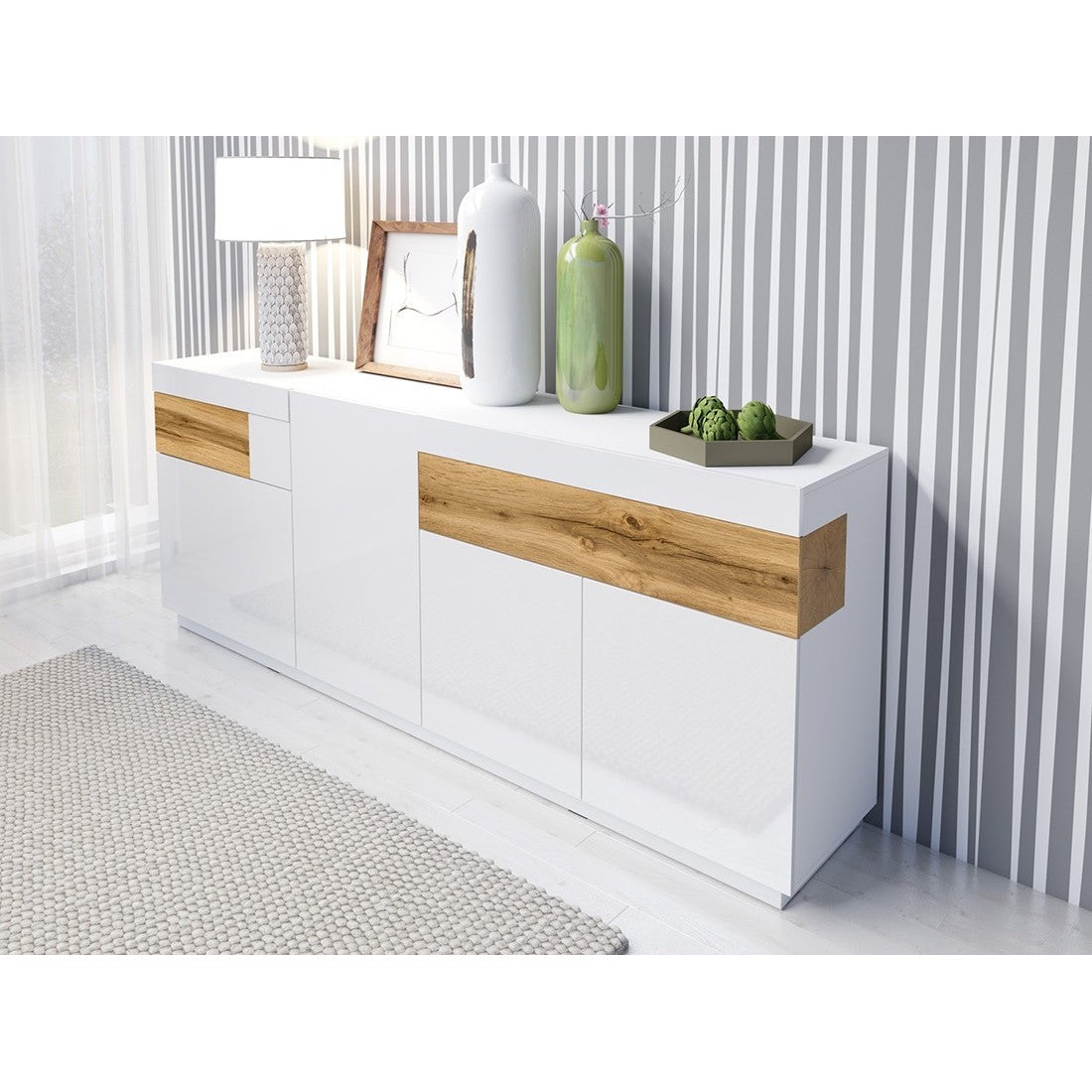 Credenza, buffet, sideboard KILES a tre ante, due cassetti. Colori bianco e rovere. Stile design.