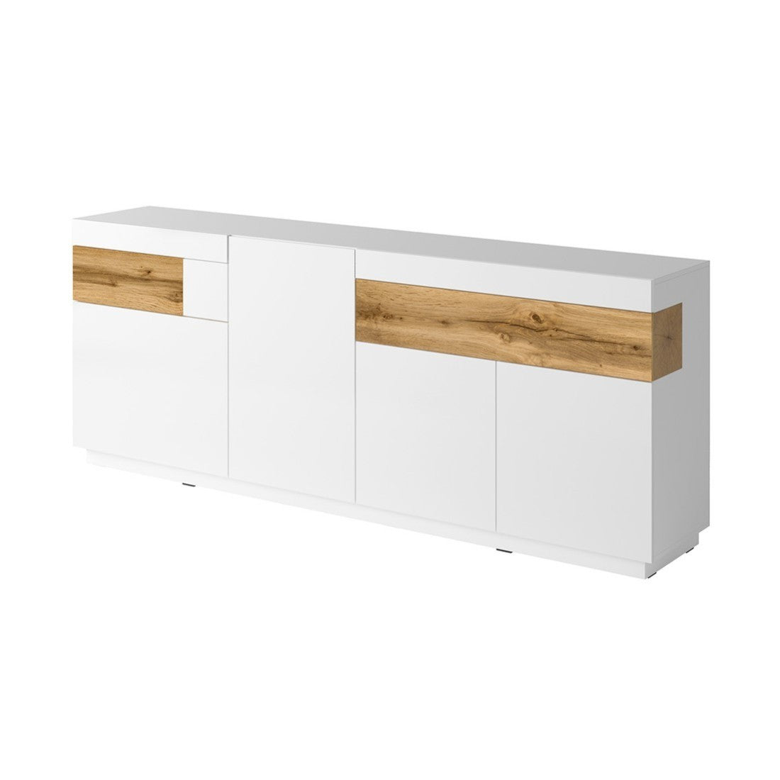 Credenza, buffet, sideboard KILES a tre ante, due cassetti. Colori bianco e rovere. Stile design.