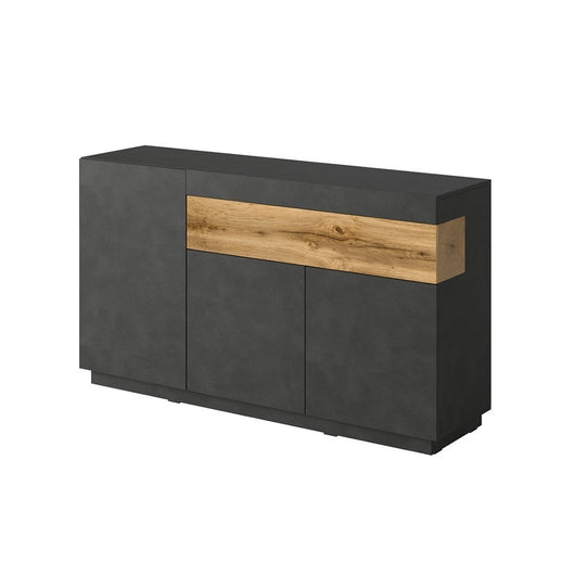 Credenza, buffet, sideboard KILES con tre ante e un cassetto. Colori grigio antracite e rovere. Stile design.