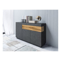 Credenza, buffet, sideboard KILES con tre ante e un cassetto. Colori grigio antracite e rovere. Stile design.