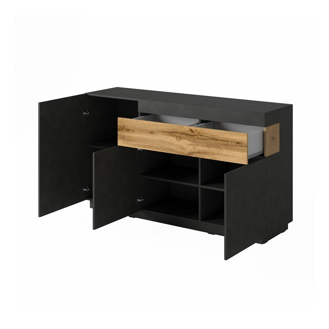 Credenza, buffet, sideboard KILES con tre ante e un cassetto. Colori grigio antracite e rovere. Stile design.