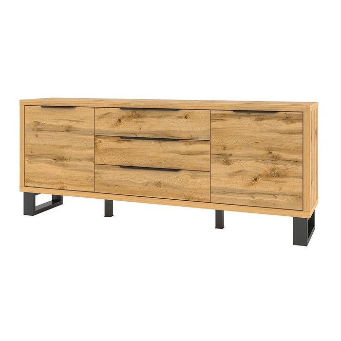 Buffet, credenza, enfilade MILO con due porte, tre cassetti. Colore rovere con finitura nera. Stile industriale.