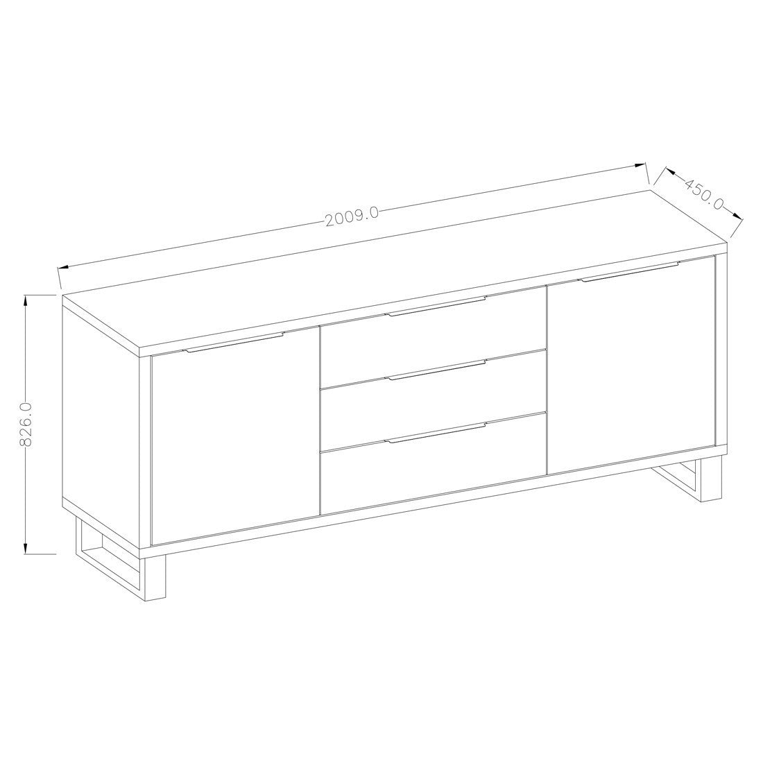 Buffet, credenza, enfilade MILO con due porte, tre cassetti. Colore rovere con finitura nera. Stile industriale.