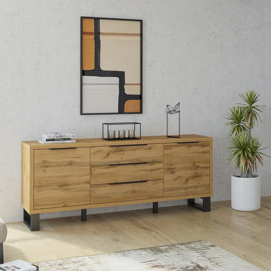 Buffet, credenza, enfilade MILO con due porte, tre cassetti. Colore rovere con finitura nera. Stile industriale.