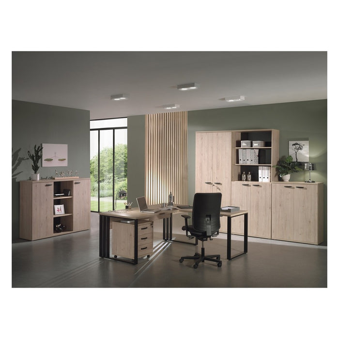 Credenza bassa per ufficio con 2 ante e scaffali colore rovere chiaro collezione YUKON