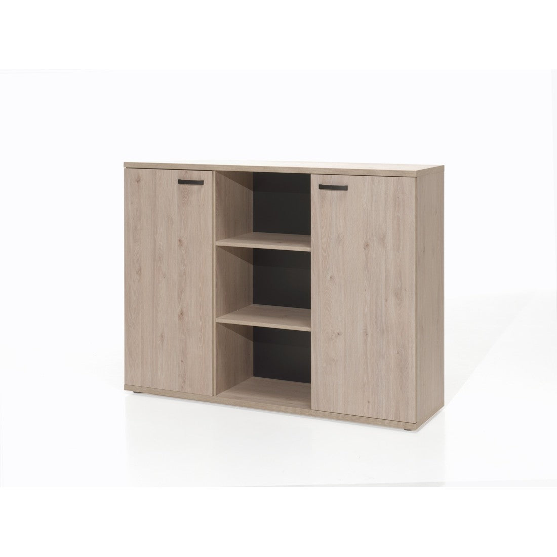 Credenza bassa per ufficio con 2 ante e scaffali colore rovere chiaro collezione YUKON
