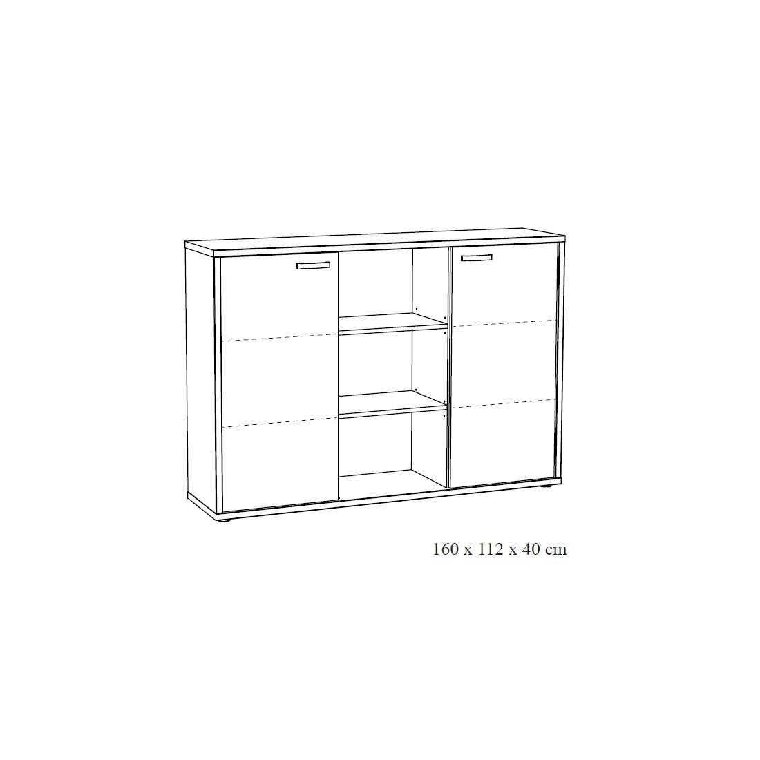 Credenza bassa per ufficio con 2 ante e scaffali colore rovere chiaro e nero