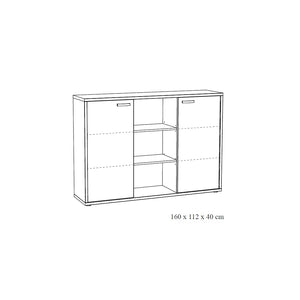 Credenza bassa per ufficio con 2 ante e scaffali colore rovere chiaro e nero