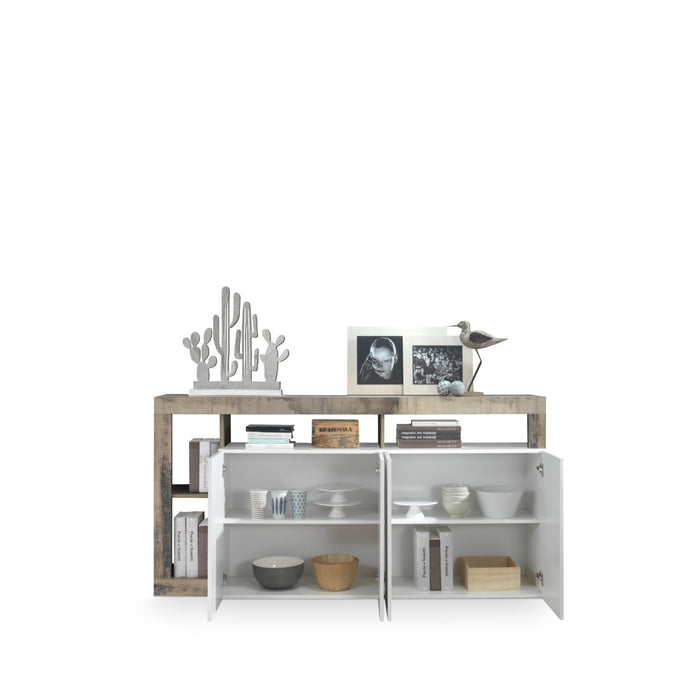Credenza BURA – 4 porte – Bianco lucido laccato e rovere chiaro – Design moderno – L184 cm