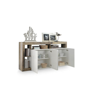 Credenza BURA – 4 porte – Bianco lucido laccato e rovere chiaro – Design moderno – L184 cm