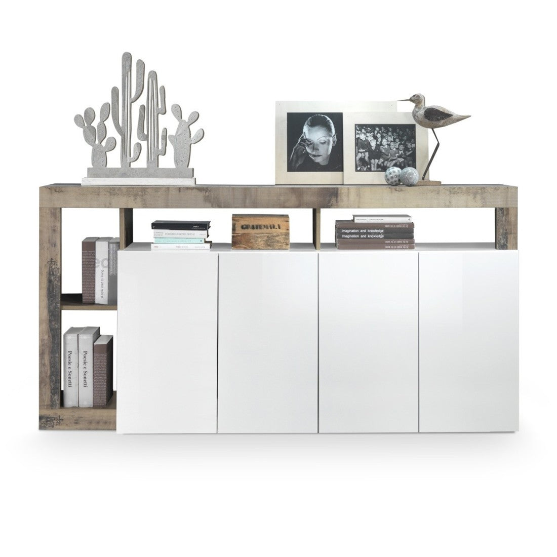 Credenza BURA – 4 porte – Bianco lucido laccato e rovere chiaro – Design moderno – L184 cm