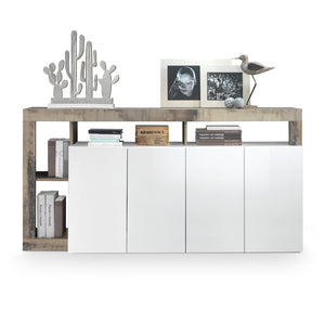 Credenza BURA – 4 porte – Bianco lucido laccato e rovere chiaro – Design moderno – L184 cm