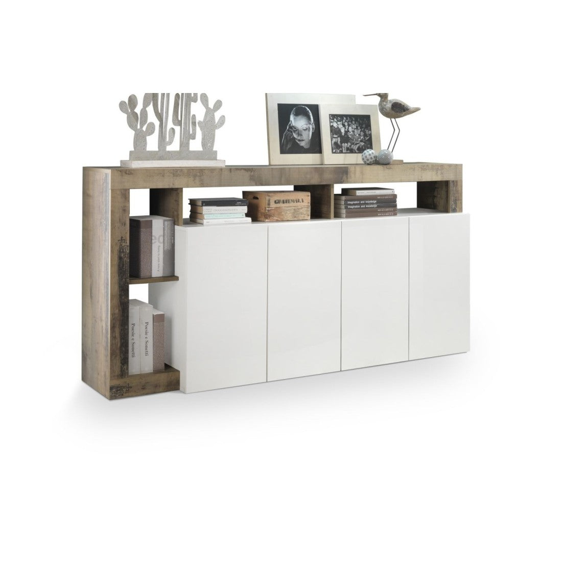 Credenza BURA – 4 porte – Bianco lucido laccato e rovere chiaro – Design moderno – L184 cm