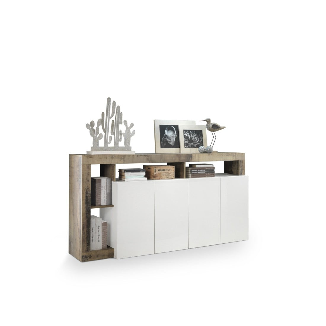 Credenza BURA – 4 porte – Bianco lucido laccato e rovere chiaro – Design moderno – L184 cm