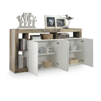 Credenza BURA – 4 porte – Bianco lucido laccato e rovere chiaro – Design moderno – L184 cm