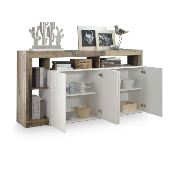 Credenza BURA – 4 porte – Bianco lucido laccato e rovere chiaro – Design moderno – L184 cm