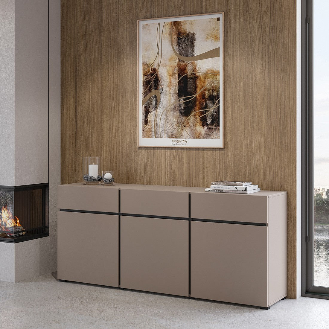 Buffet coloris beige e nero 180cm collezione HAVANA. Credenza design con 3 porte e 3 cassetti.