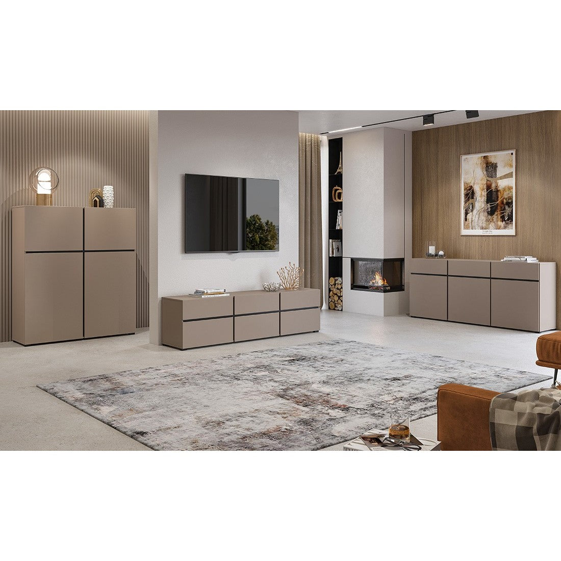 Buffet coloris beige e nero 180cm collezione HAVANA. Credenza design con 3 porte e 3 cassetti.