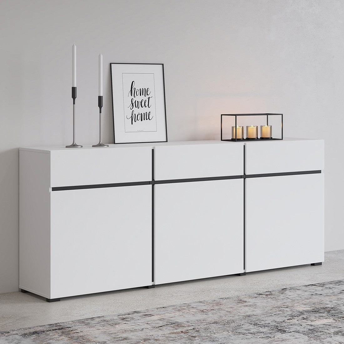Buffet color bianco e nero 180cm collezione HAVANA. Credenza design con 3 porte e 3 cassetti.