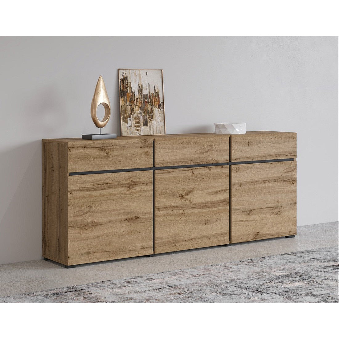 Buffet coloris chêne et noir 180cm collection HAVANA. Credenza di design con 3 porte e 3 cassetti.