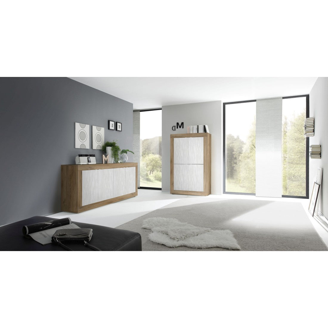 Buffet design 4 porte in legno collezione ACCESS. Colori bianco e rovere scuro.