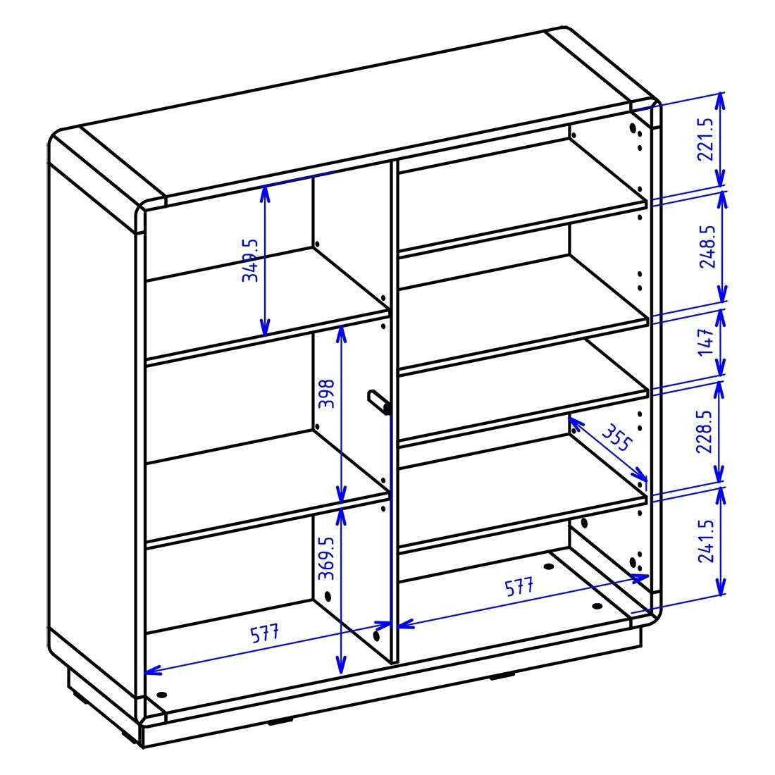 Credenza alta collezione VILLA. Colore quercia e nero. 3 porte e 1 nicchia illuminata.