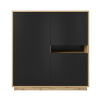 Credenza alta collezione VILLA. Colore quercia e nero. 3 porte e 1 nicchia illuminata.