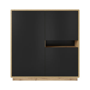 Credenza alta collezione VILLA. Colore quercia e nero. 3 porte e 1 nicchia illuminata.