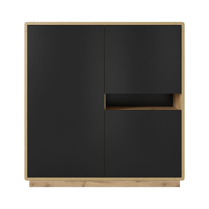Credenza alta collezione VILLA. Colore quercia e nero. 3 porte e 1 nicchia illuminata.
